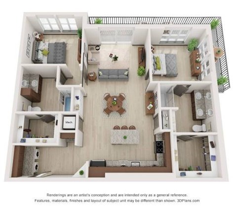 Floor plan for 2 beds, 2 baths, 1300 sqft