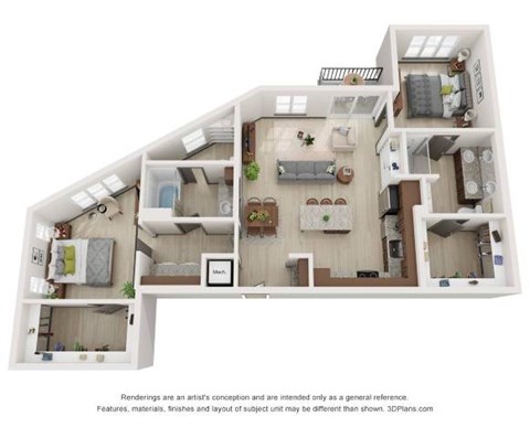 Floor plan for 2 beds, 2 baths, 1199 sqft