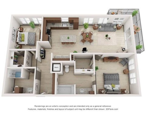 Floor plan for 2 beds, 2 baths, 1302 sqft