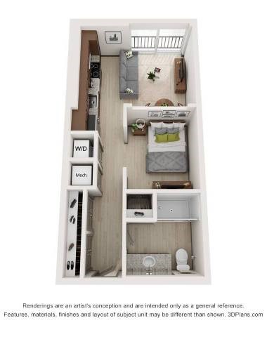 Floor plan for studio, 1 bath, 521 sqft