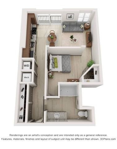 Floor plan for studio, 1 bath, 648 sqft