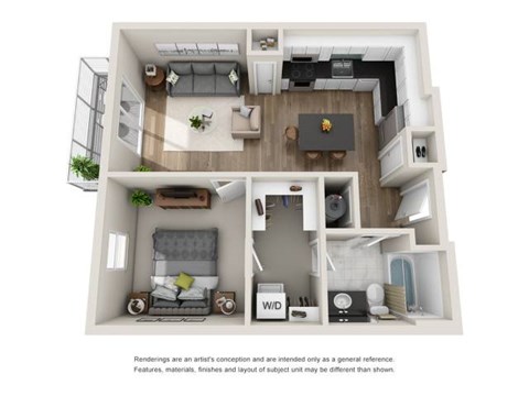Floor plan for 1 bed, 1 bath, 750 sqft