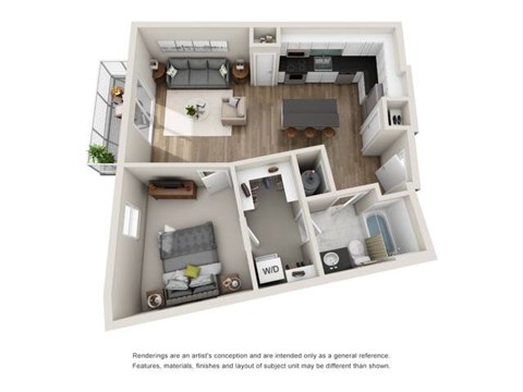 Floor plan for 1 bed, 1 bath, 802 sqft