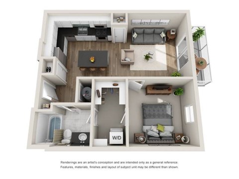 Floor plan for 1 bed, 1 bath, 741 sqft