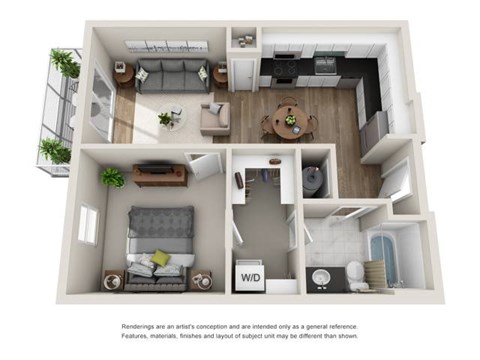 Floor plan for 1 bed, 1 bath, 690 sqft