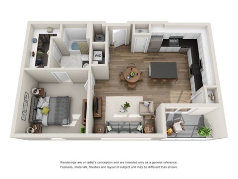 Floor plan for 1 bed, 1 bath, 770 sqft