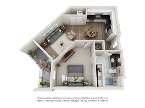 Floor plan for 1 bed, 1 bath, 688 sqft