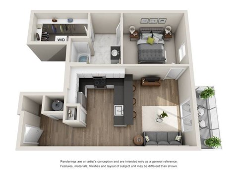 Floor plan for 1 bed, 1 bath, 734 sqft