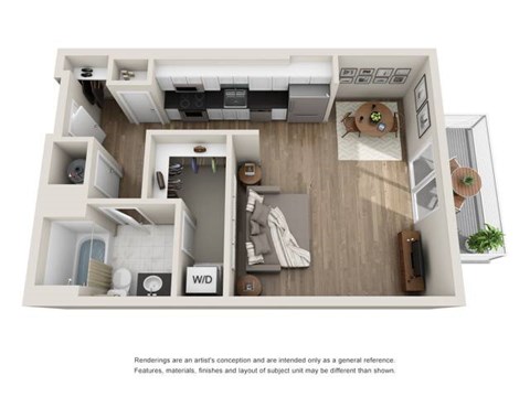Floor plan for studio, 1 bath, 607 sqft