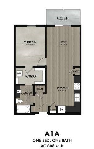 Floor plan for 1 bed, 1 bath, 806 sqft