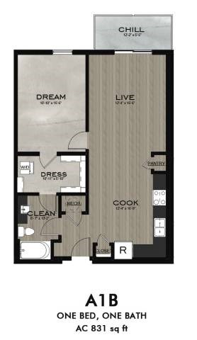Floor plan for 1 bed, 1 bath, 831 sqft