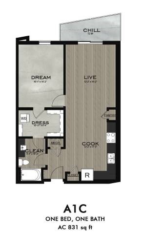 Floor plan for 1 bed, 1 bath, 831 sqft
