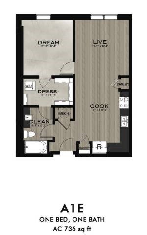 Floor plan for 1 bed, 1 bath, 736 sqft