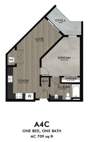 Floor plan for 1 bed, 1 bath, 709 sqft