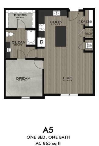 Floor plan for 1 bed, 1 bath, 865 sqft