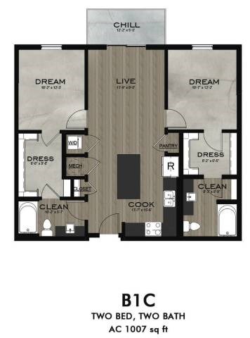 Floor plan for 2 beds, 2 baths, 1198 sqft