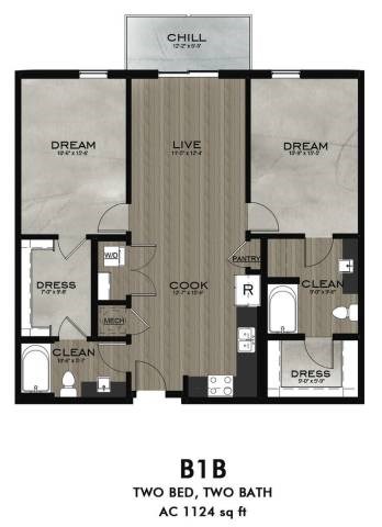 Floor plan for 2 beds, 2 baths, 1124 sqft