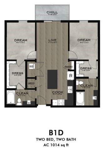 Floor plan for 2 beds, 2 baths, 1014 sqft