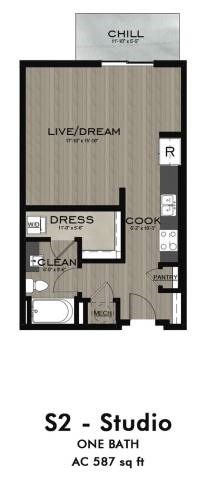 Floor plan for studio, 1 bath, 587 sqft