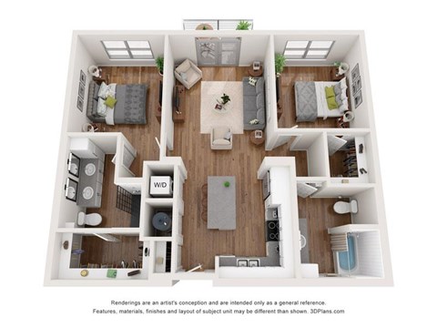 Floor plan for 2 beds, 2 baths, 1077 sqft