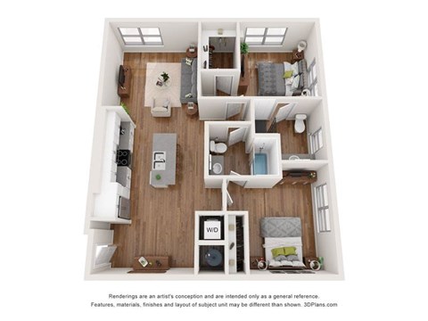 Floor plan for 2 beds, 2 baths, 1066 sqft