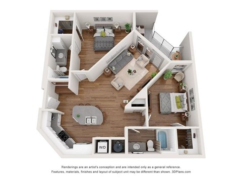 Floor plan for 2 beds, 2 baths, 1117 sqft