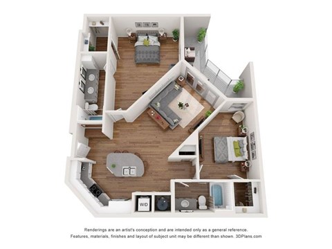 Floor plan for 2 beds, 2 baths, 1223 sqft