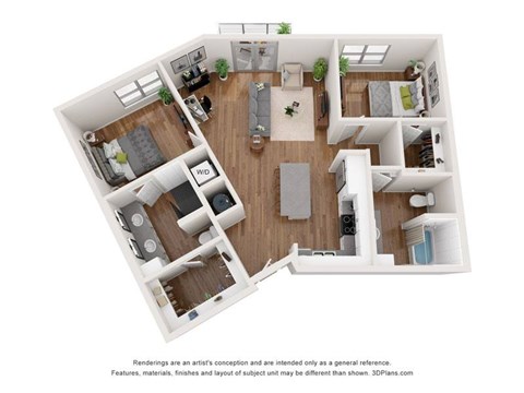 Floor plan for 2 beds, 2 baths, 1157 sqft