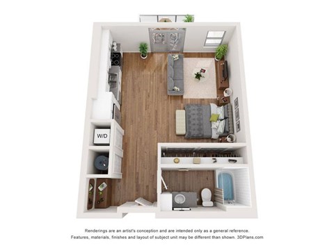 Floor plan for studio, 1 bath, 613 sqft