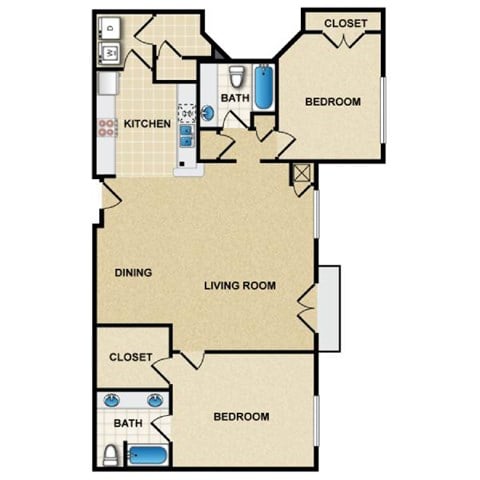 Floor plan for 2 beds, 2 baths, 1200 sqft