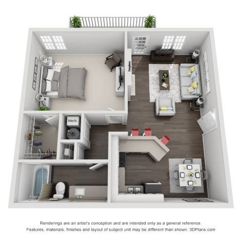 Floor plan for 1 bed, 1 bath, 820 sqft