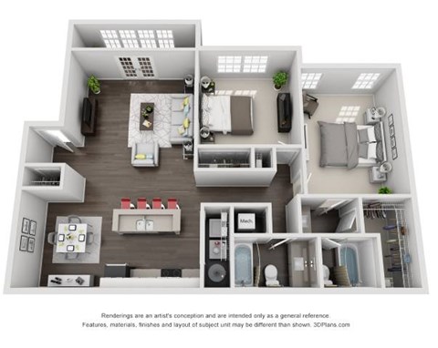 Floor plan for 2 beds, 2 baths, 1160 sqft
