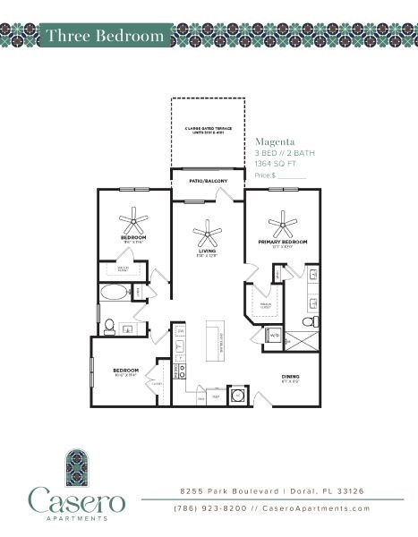 Floor plan for 3 beds, 2 baths, 1364 sqft