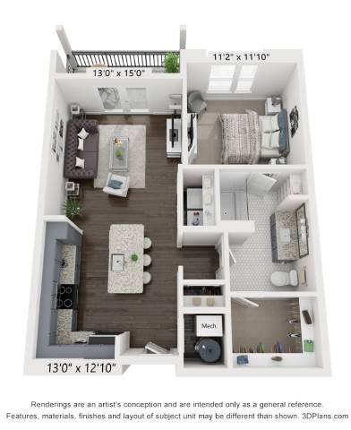 Floor plan for 1 bed, 1 bath, 774 sqft