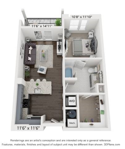 Floor plan for 1 bed, 1 bath, 674 sqft