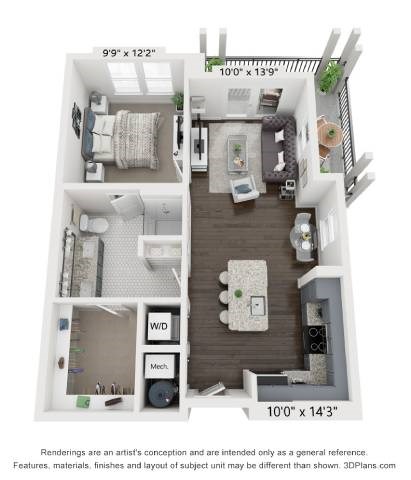 Floor plan for 1 bed, 1 bath, 734 sqft