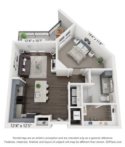 Floor plan for 1 bed, 1 bath, 735 sqft