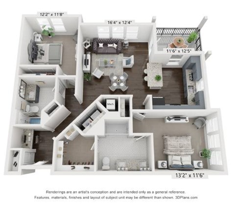 Floor plan for 2 beds, 2 baths, 1239 sqft