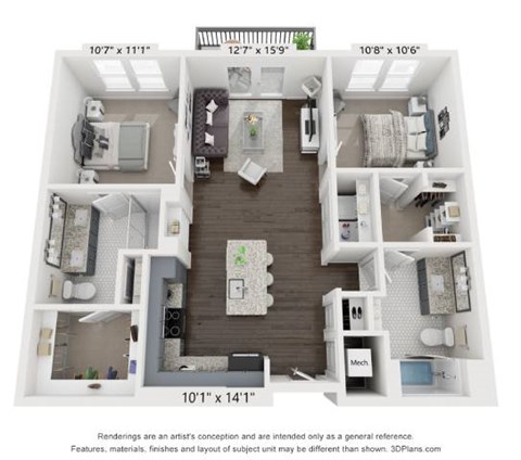 Floor plan for 2 beds, 2 baths, 1037 sqft