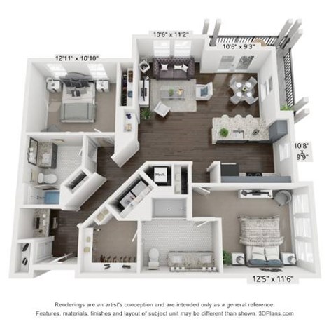Floor plan for 2 beds, 2 baths, 1117 sqft