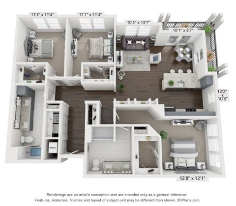 Floor plan for 3 beds, 2 baths, 1554 sqft