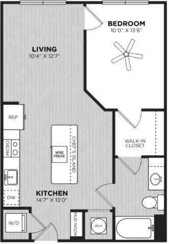 Floor plan for 1 bed, 1 bath, 670 sqft