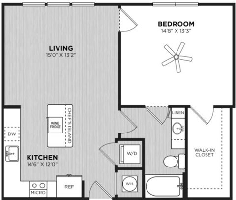 Floor plan for 1 bed, 1 bath, 795 sqft