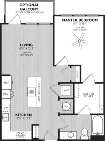 Floor plan for 1 bed, 1 bath, 838 sqft