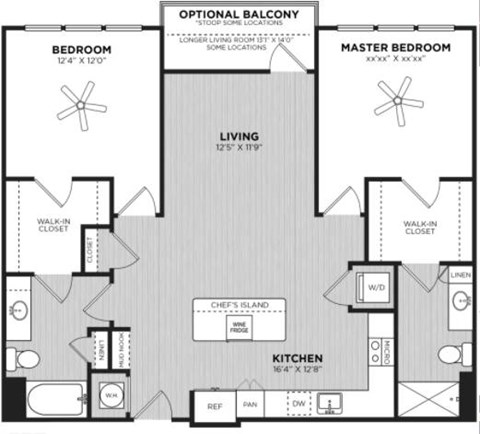 Floor plan for 2 beds, 2 baths, 1290 sqft