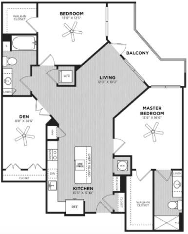 Floor plan for 2 beds, 2 baths, 1377 sqft