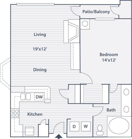 Floor plan for 1 bed, 1 bath, 750 sqft