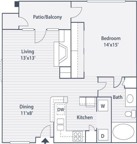 Floor plan for 1 bed, 1 bath, 765 sqft