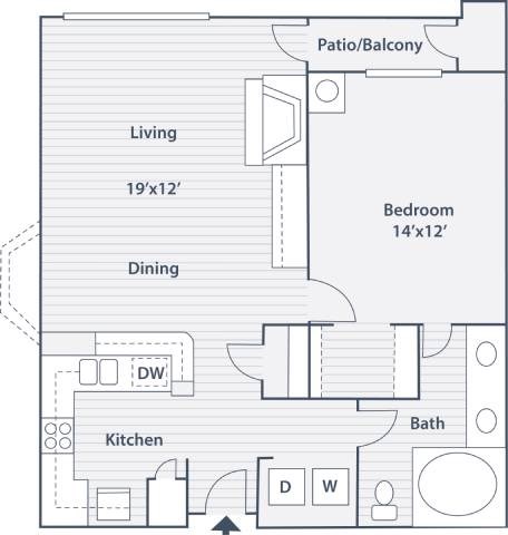 Floor plan for 1 bed, 1 bath, 823 sqft