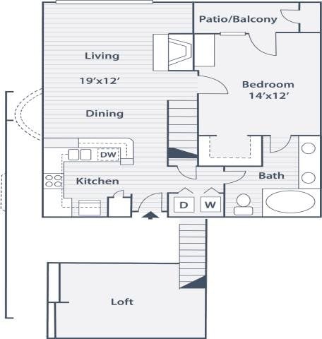 Floor plan for 1 bed, 1 bath, 906 sqft